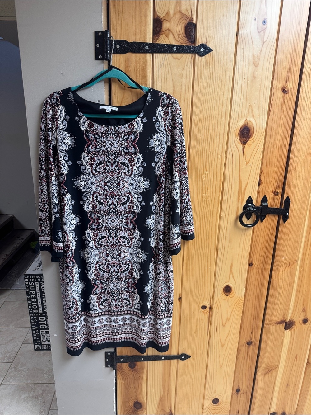 Studio One Black Paisley-Print Long Sleeve Dress with Cream and Burgundy Accents